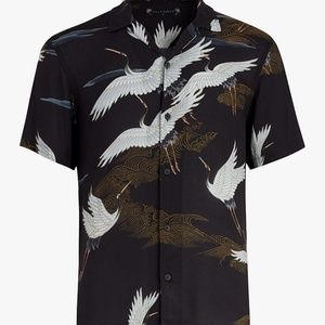 AllSaints short-sleeve revere shirt with crane bird print in black M
